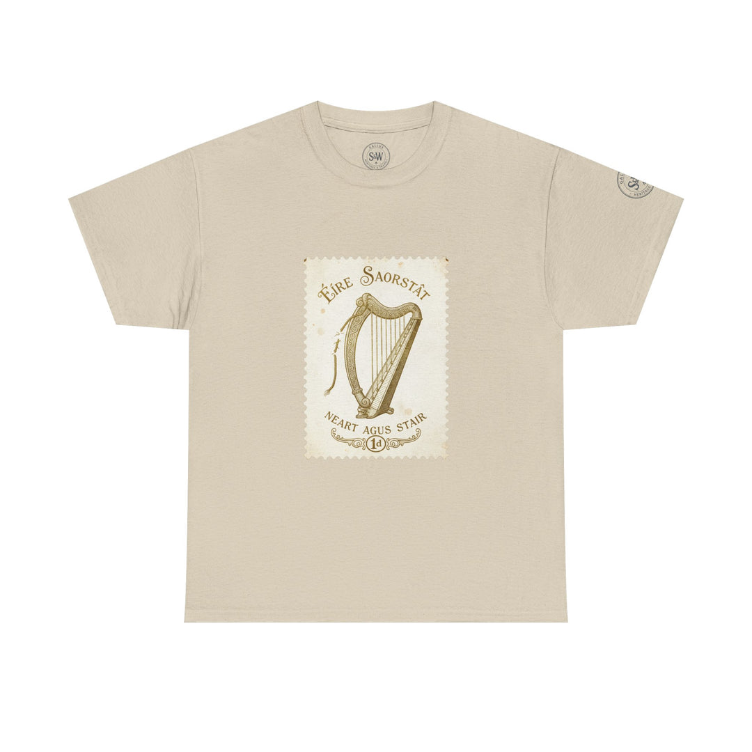 Beige t-shirt by S&amp;W Gallus featuring a vintage Irish harp stamp design on the front.
