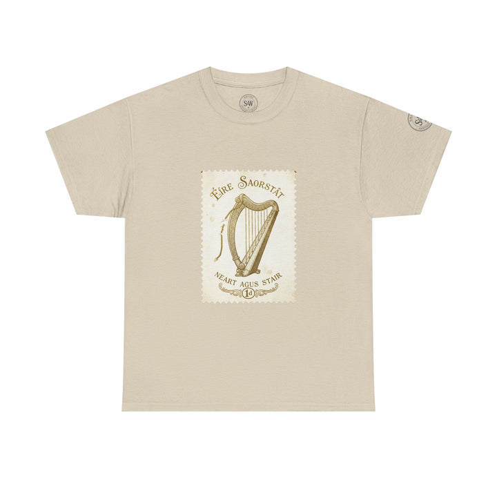 Beige t-shirt by S&amp;W Gallus featuring a vintage Irish harp stamp design on the front.
