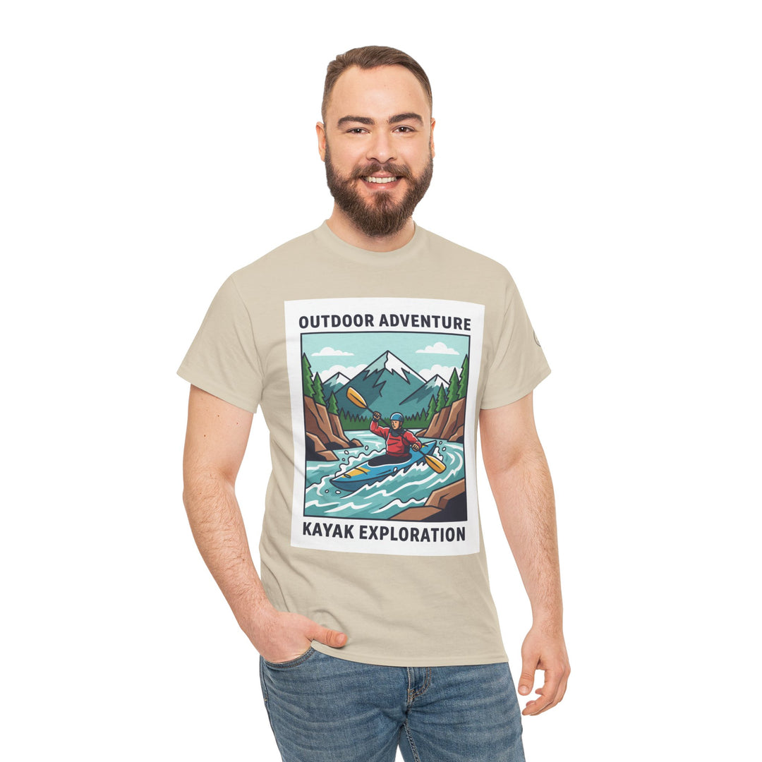 Sand-colored T-shirt by S&amp;W Gallus, featuring a graphic of a kayaker on a river with mountains in the background.