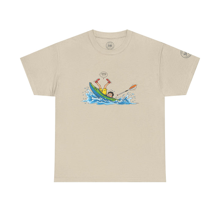Beige t-shirt by S&amp;W Gallus featuring a cartoon of a person capsizing a kayak with a speech bubble.