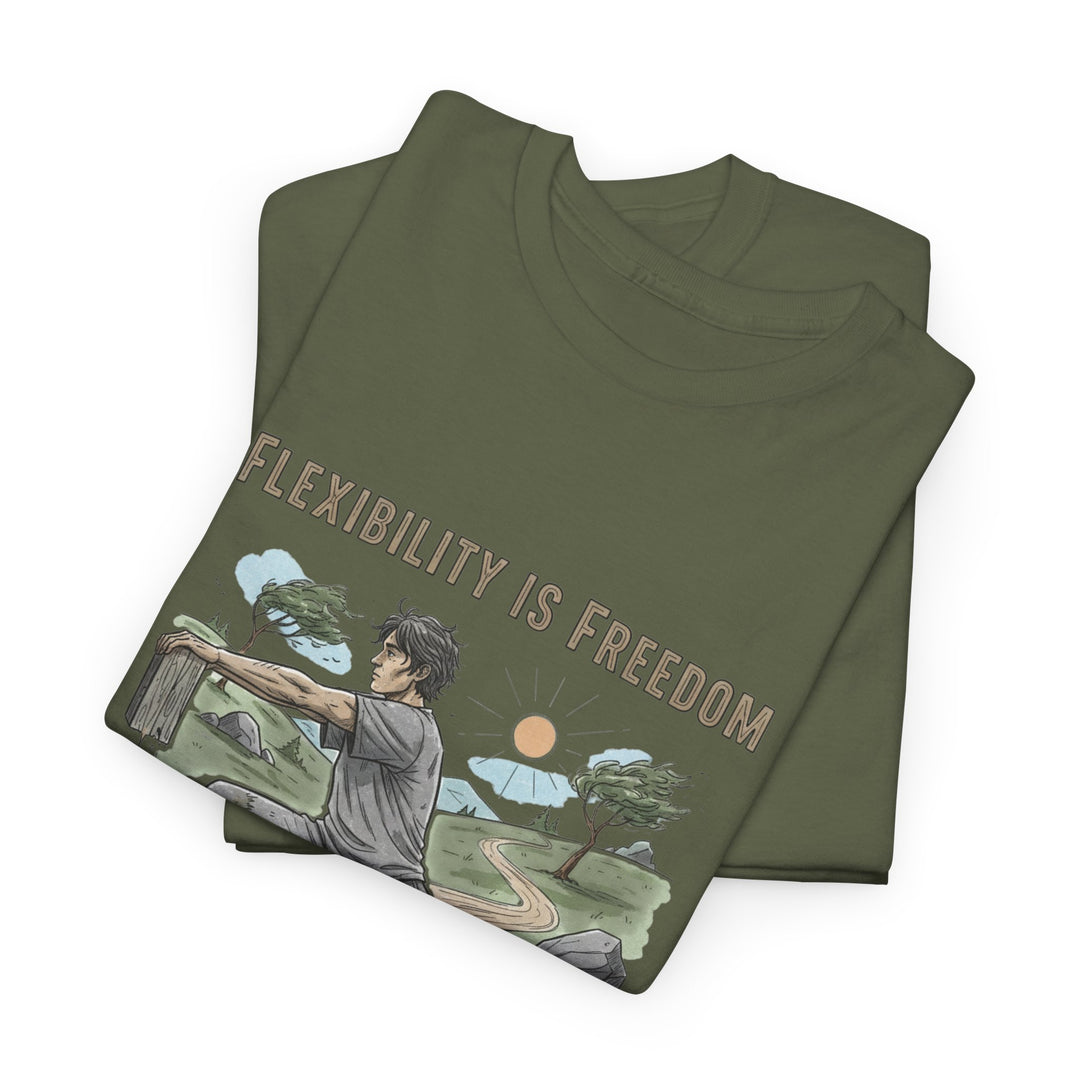 Flexibility Is Freedom Tee – soft, breathable cotton featuring a motivational design. Perfect for yoga, Pilates, stretching, or casual active lifestyle wear.