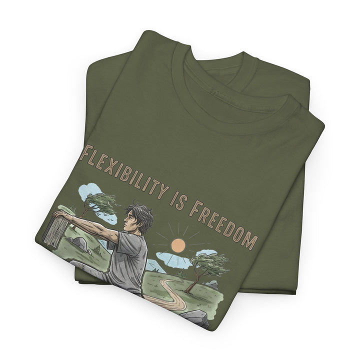 Flexibility Is Freedom Tee – soft, breathable cotton featuring a motivational design. Perfect for yoga, Pilates, stretching, or casual active lifestyle wear.