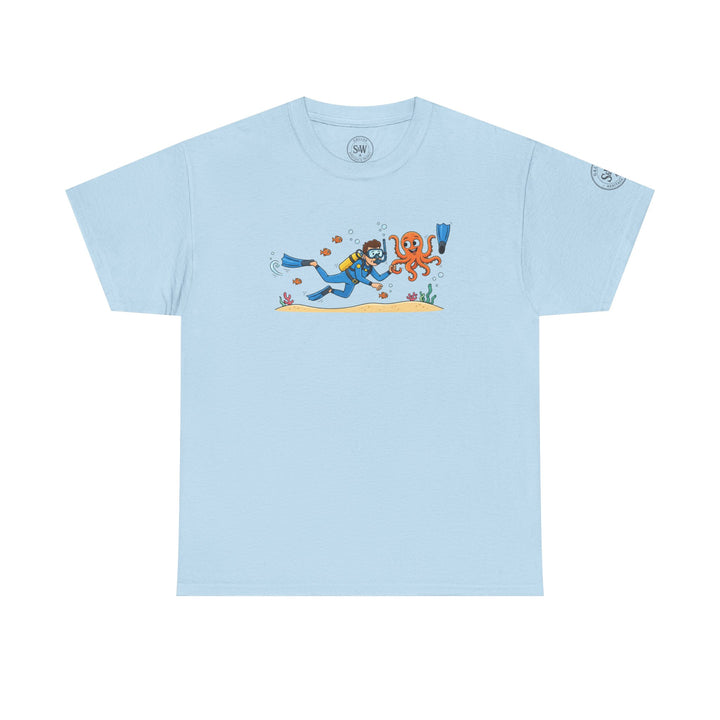 Light blue t-shirt by S&amp;W Gallus featuring a cartoon scuba diver and octopus graphic.