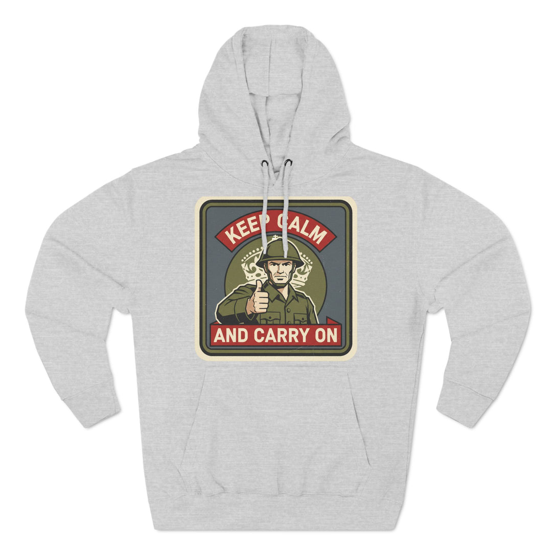 Light grey hoodie by S&amp;W Gallus featuring a "Keep Calm and Carry On" design with a military figure.