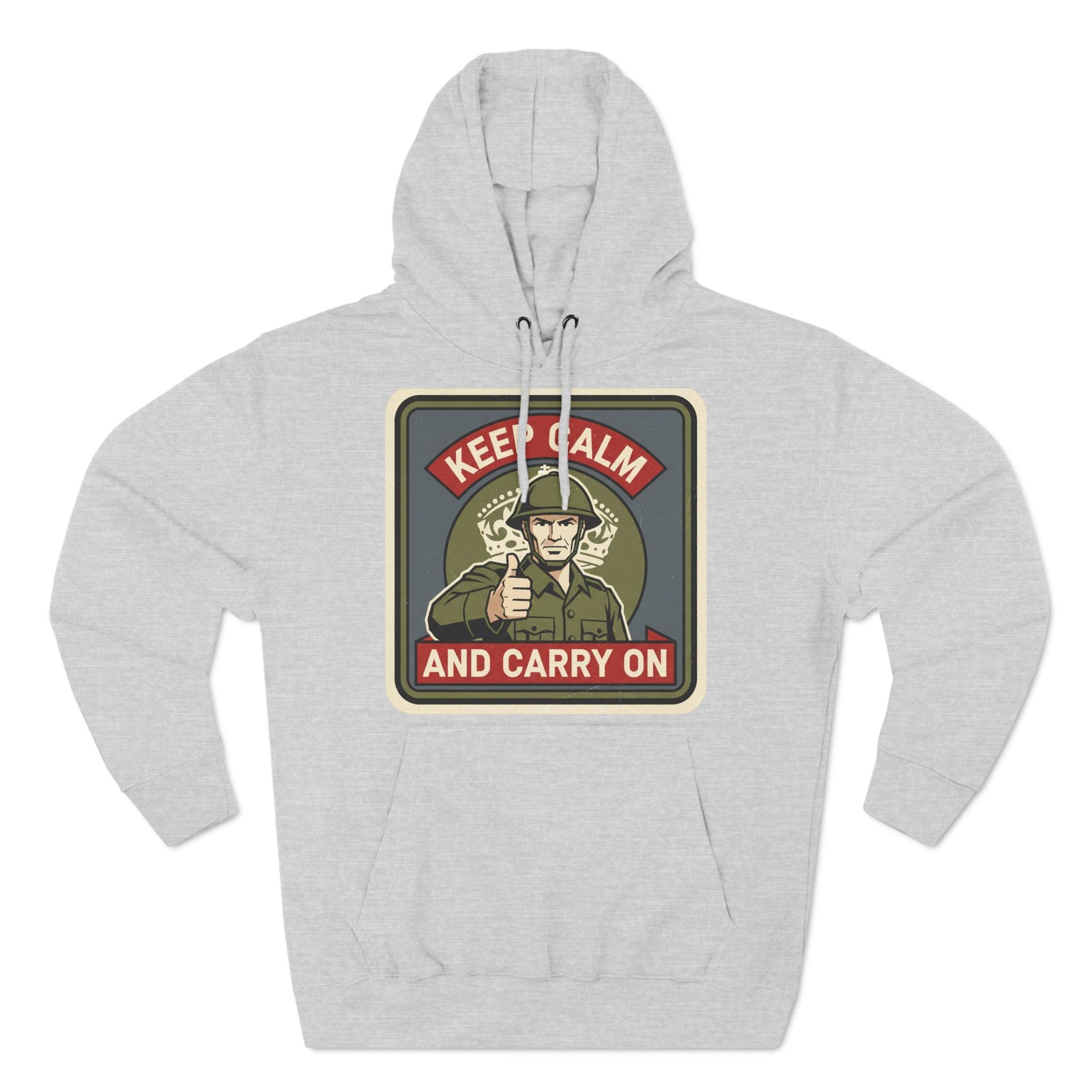 Light grey hoodie by S&W Gallus featuring a "Keep Calm and Carry On" design with a military figure.