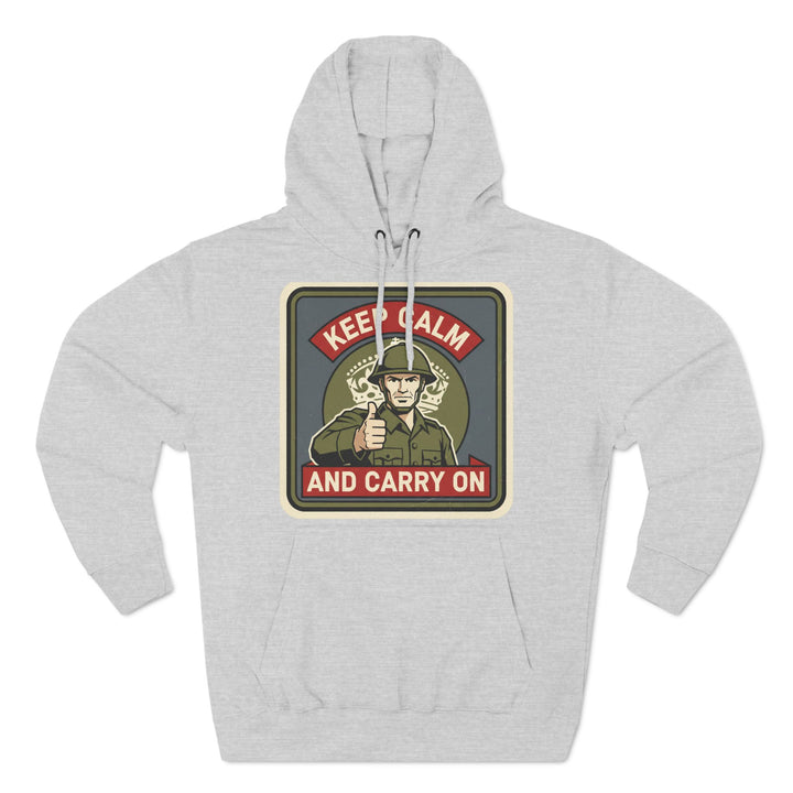 Light grey hoodie by S&amp;W Gallus featuring a "Keep Calm and Carry On" design with a military figure.