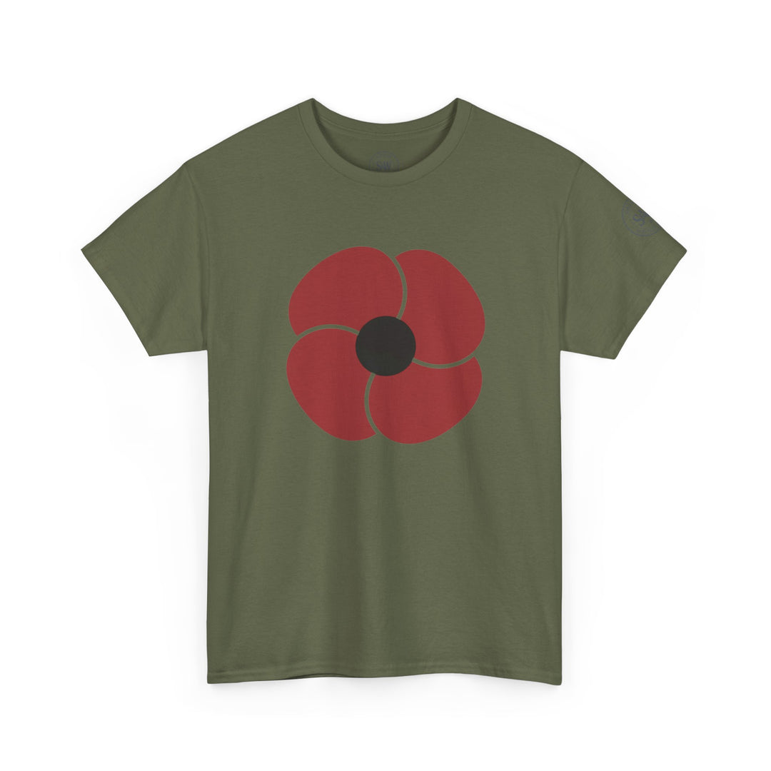 Olive t-shirt by S&amp;W Gallus, featuring a red remembrance poppy with black center on the chest.