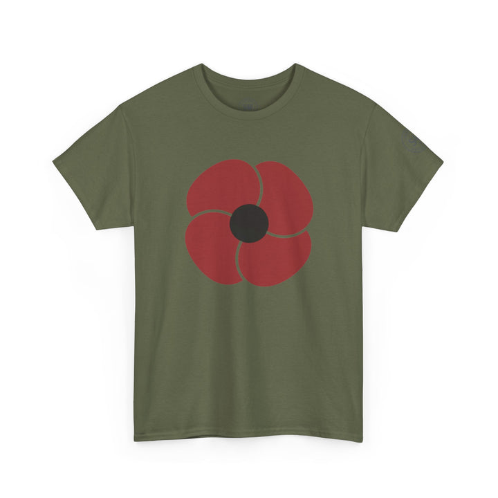 Olive t-shirt by S&amp;W Gallus, featuring a red remembrance poppy with black center on the chest.