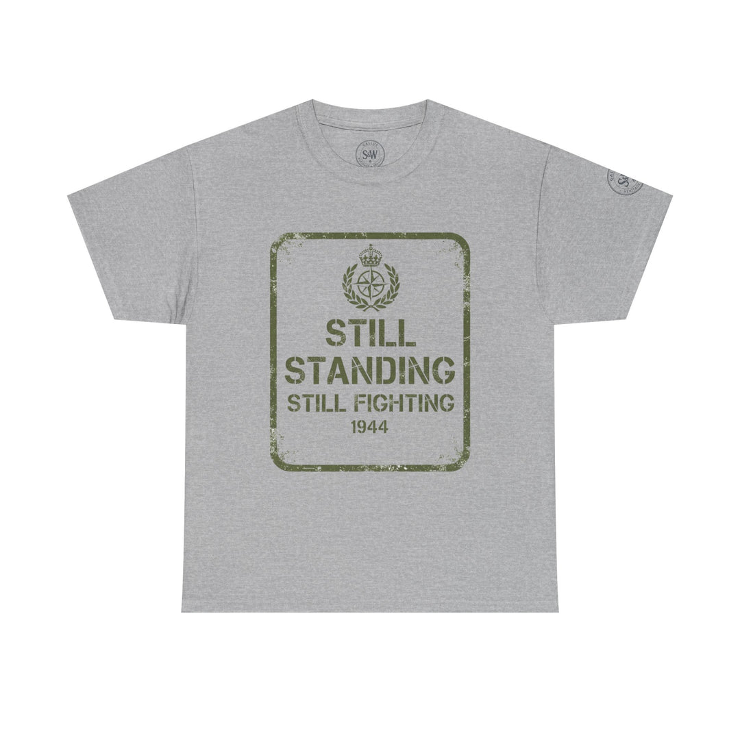 Gray graphic tee by S&amp;W Gallus featuring a distressed military-themed design and the text "Still Standing, Still Fighting, 1944."