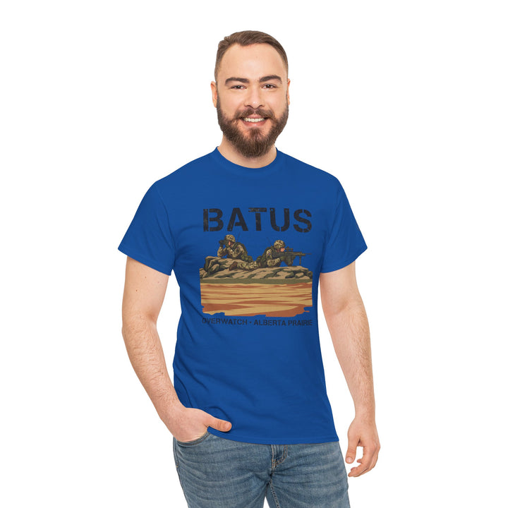 Blue BATUS Alberta Prairie military sniper T-shirt by S&amp;W Gallus, shown on a man wearing jeans.