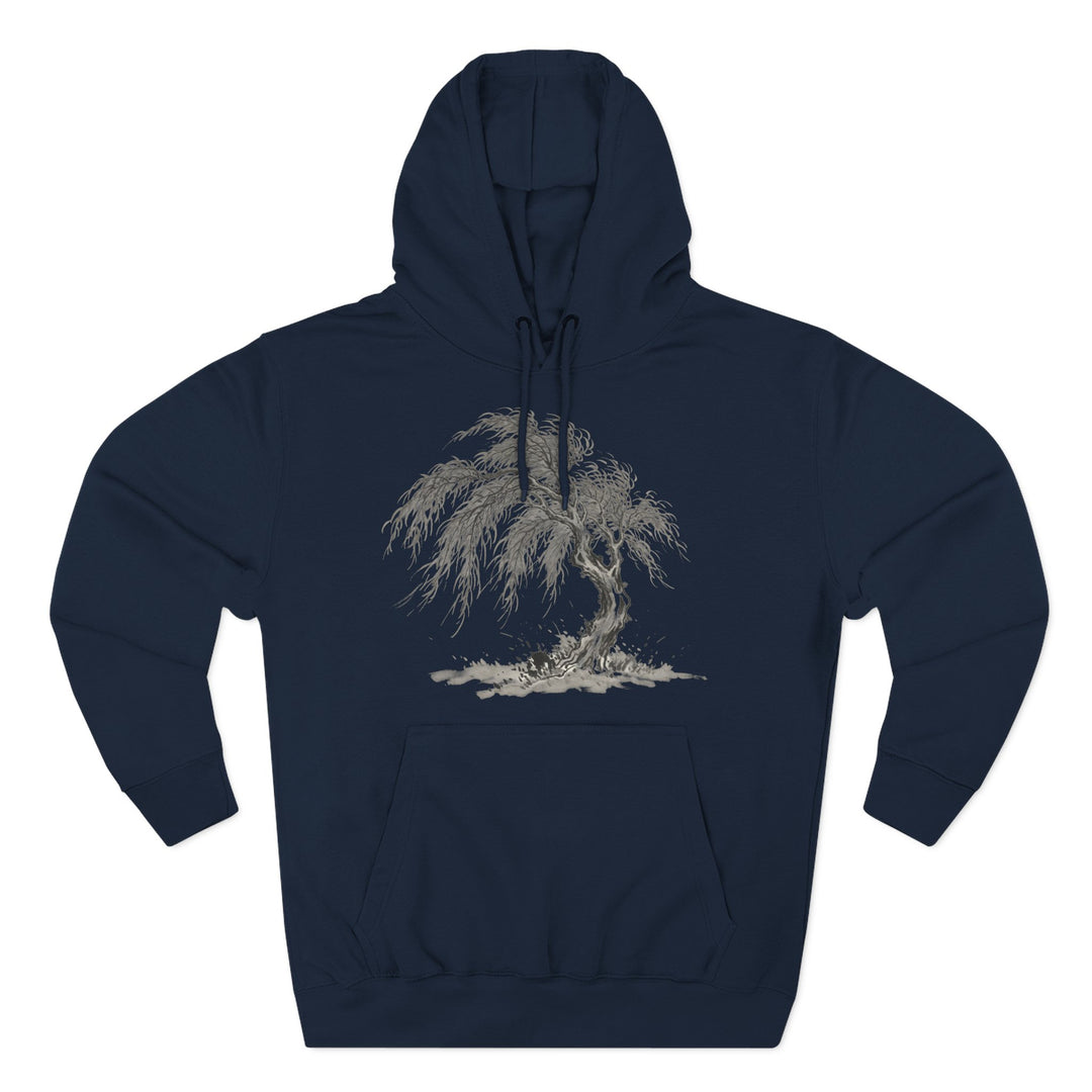 Navy blue hoodie by S&amp;W Gallus featuring a monochromatic willow tree design on the front.