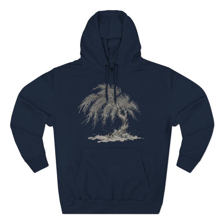 Navy blue hoodie by S&amp;W Gallus featuring a monochromatic willow tree design on the front.