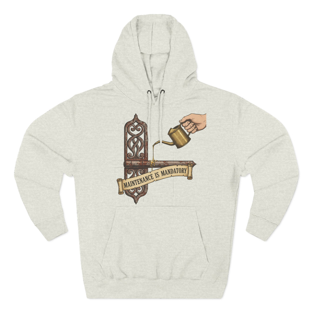 Heather gray hoodie by S&amp;W Gallus, featuring a hinge graphic with an oil can and banner.
