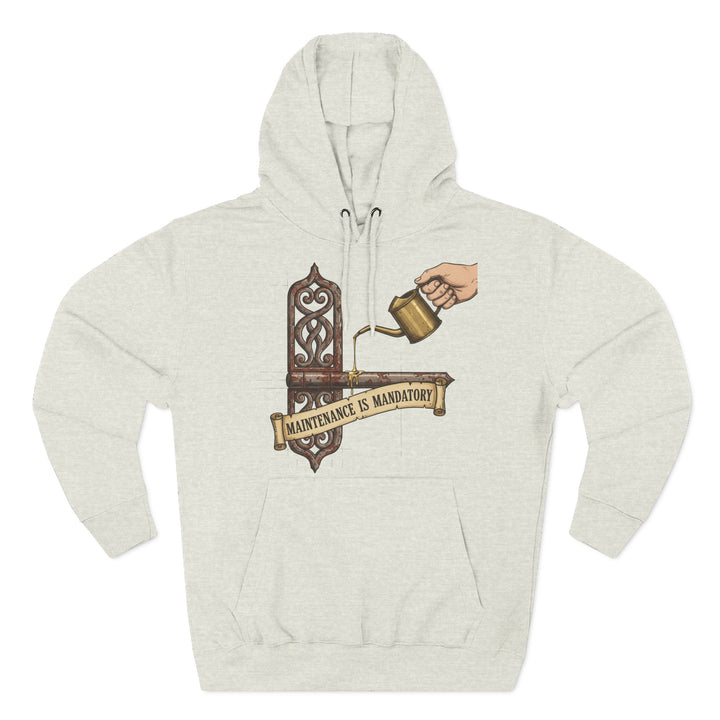 Heather gray hoodie by S&amp;W Gallus, featuring a hinge graphic with an oil can and banner.