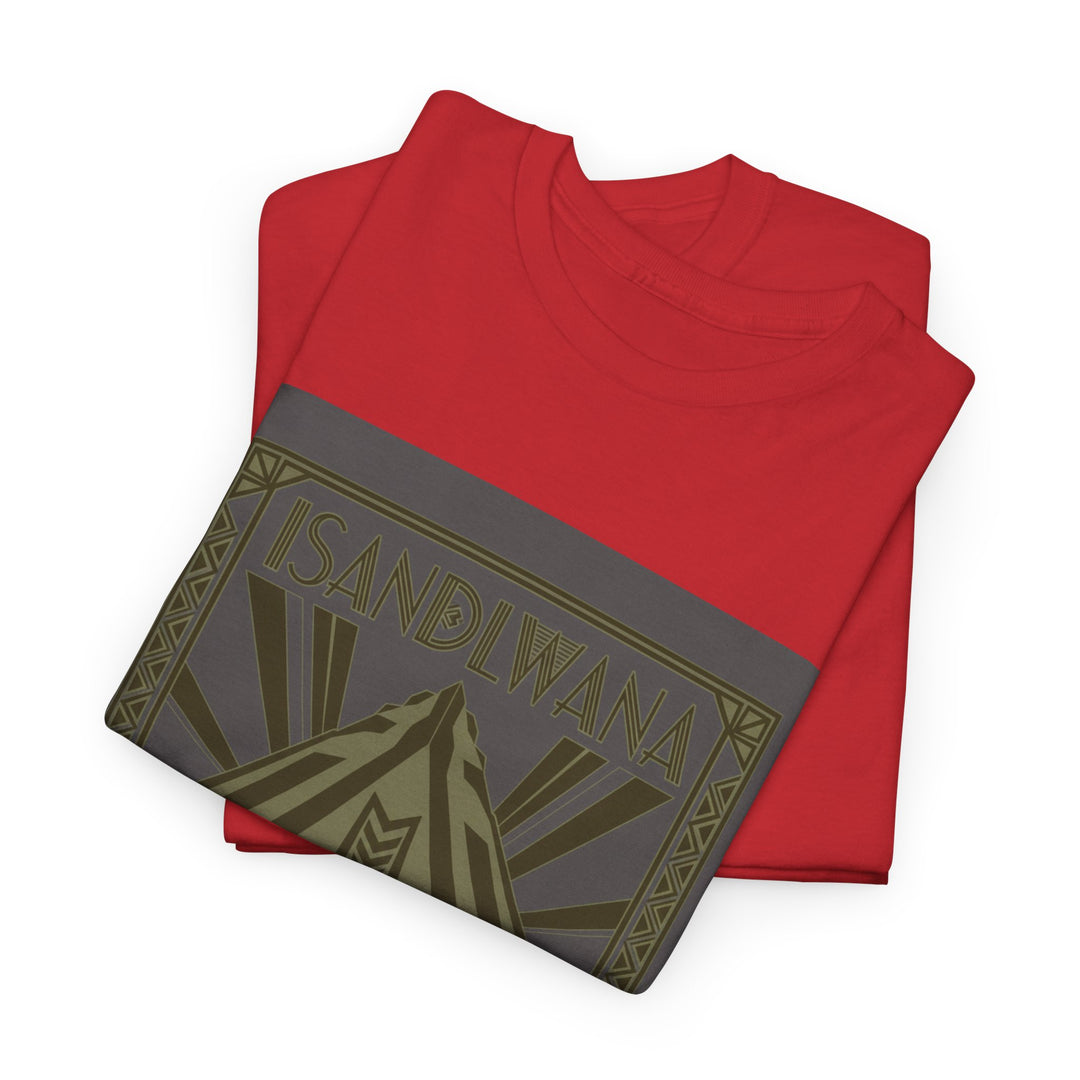 Isandlwana Festival Tee featuring bold “M” pyramid graphic. Outdoor music shirt inspired by iconic landscape vibes.
