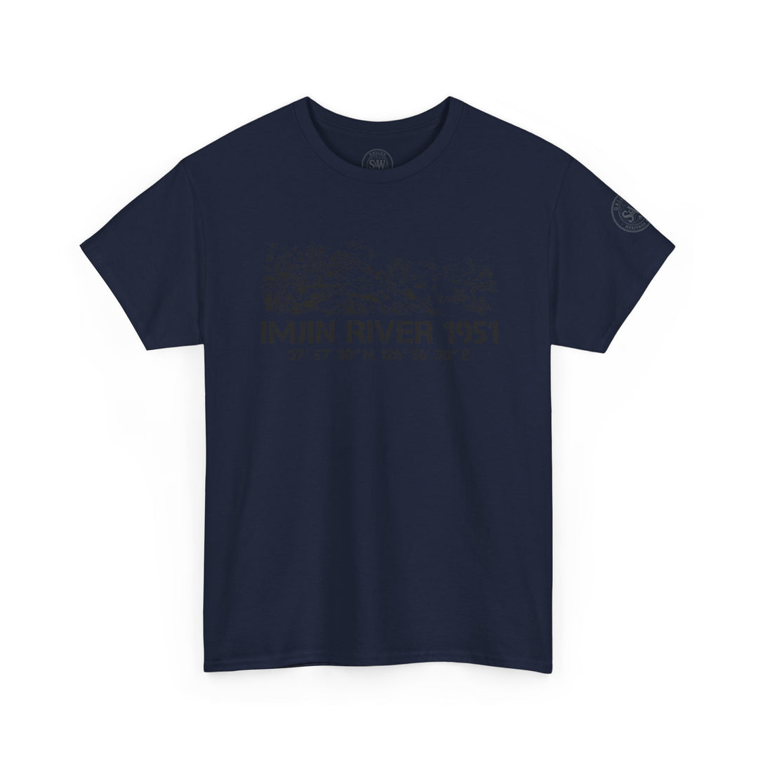 Navy t-shirt by S&amp;W Gallus with a map of the Imjin River and the year 1951 printed on the front.