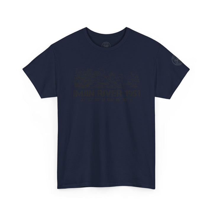 Navy t-shirt by S&amp;W Gallus with a map of the Imjin River and the year 1951 printed on the front.