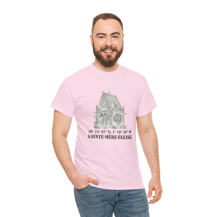 Pink Sainte-Mère-Église 1944 Vintage Church T-Shirt by Veteran owned, featuring a church illustration and location coordinates.