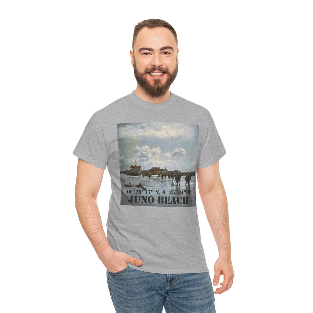 Gray Juno Beach WWII Coordinates T-shirt by Veteran owned, featuring a historic beach image and coordinates, worn with jeans.