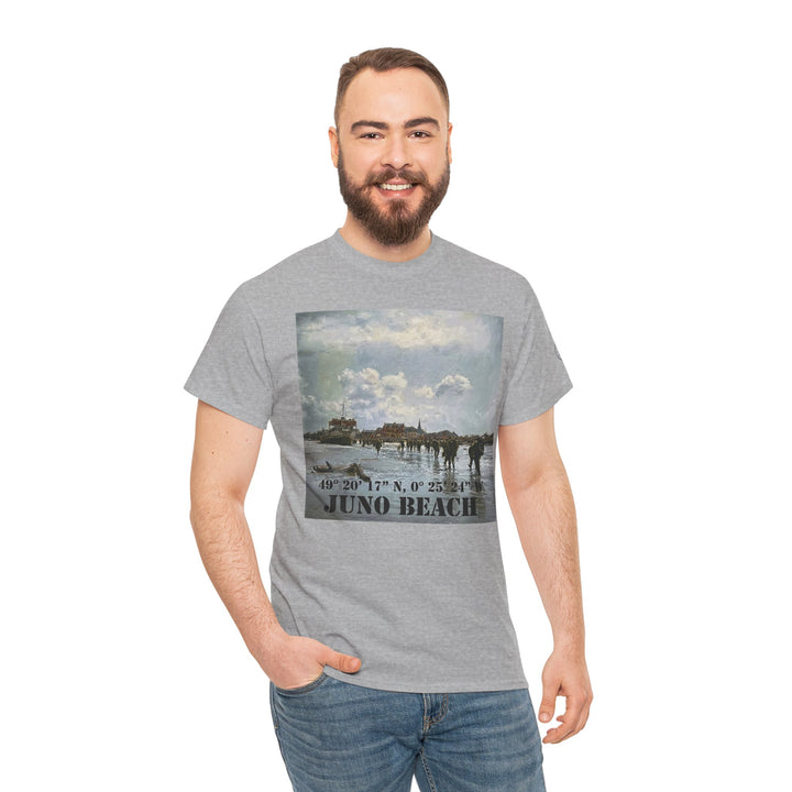 Gray Juno Beach WWII Coordinates T-shirt by Veteran owned, featuring a historic beach image and coordinates, worn with jeans.