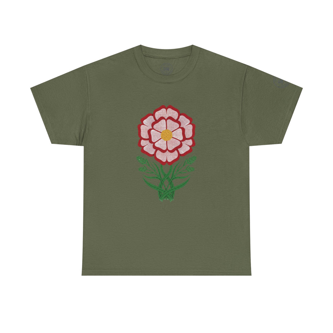 Olive green t-shirt by S&amp;W Gallus with a printed red and white Tudor rose design on the chest.
