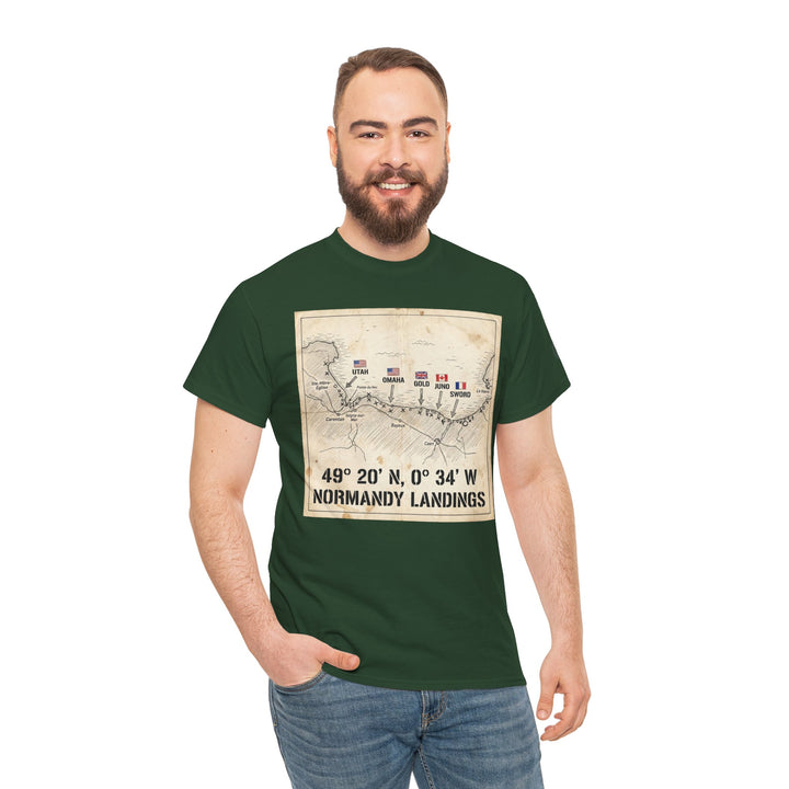 Green T-shirt with Normandy landings map by Veteran owned, worn with jeans by smiling man.