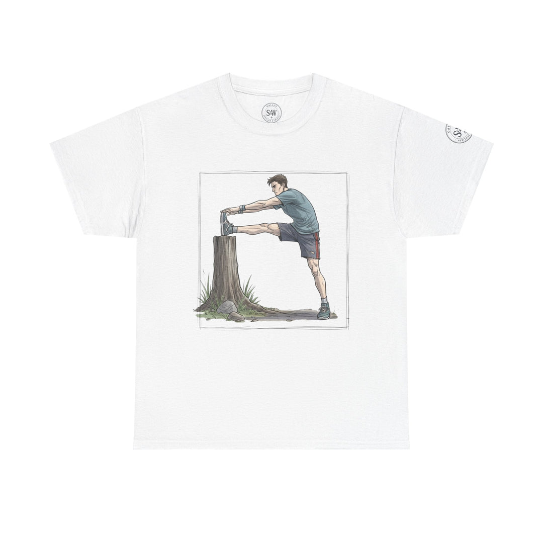 White t-shirt by S&amp;W Gallus, featuring a graphic of a runner stretching against a tree stump.