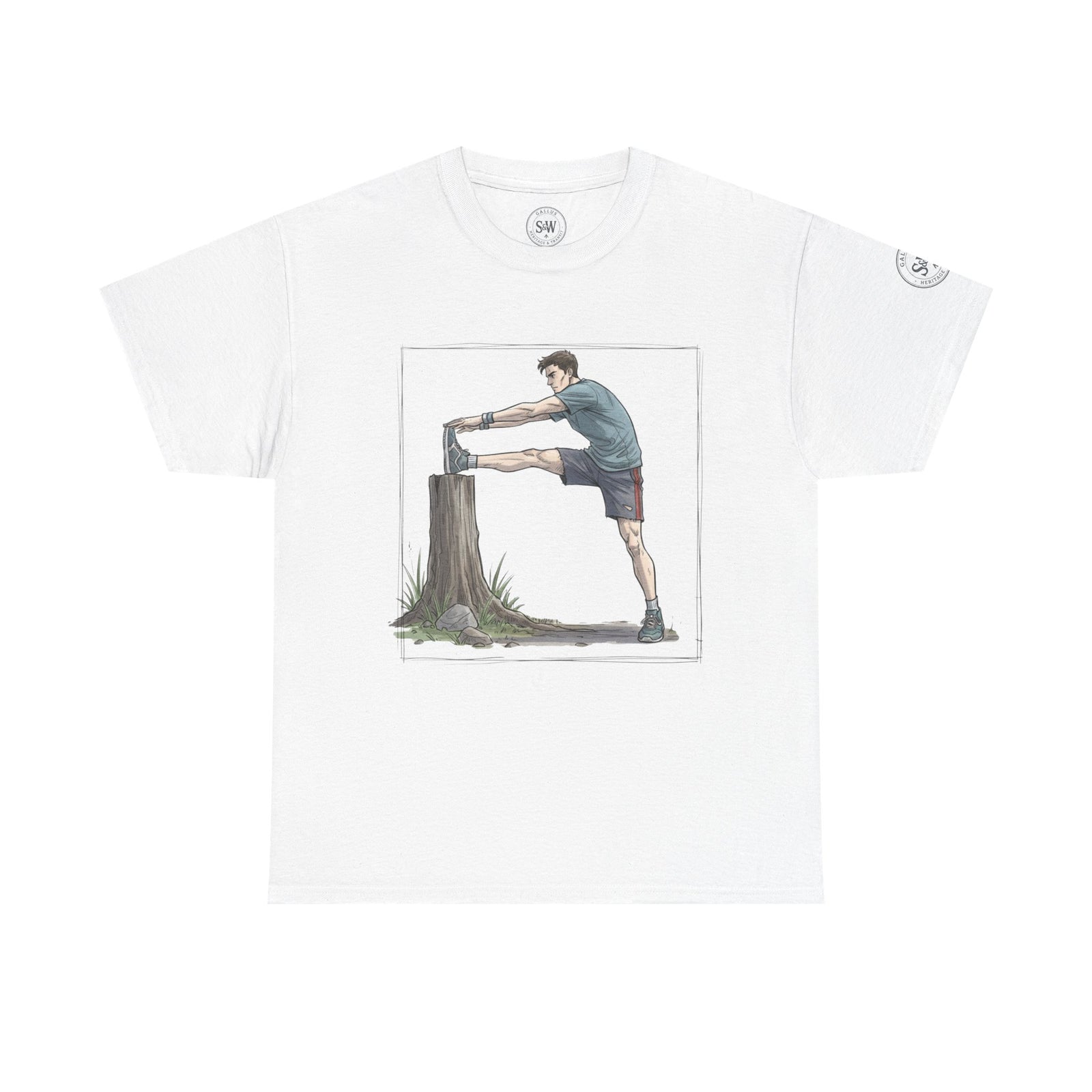 White t-shirt by S&W Gallus, featuring a graphic of a runner stretching against a tree stump.
