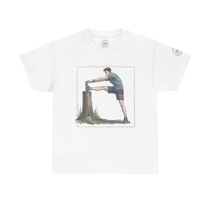 White t-shirt by S&amp;W Gallus, featuring a graphic of a runner stretching against a tree stump.