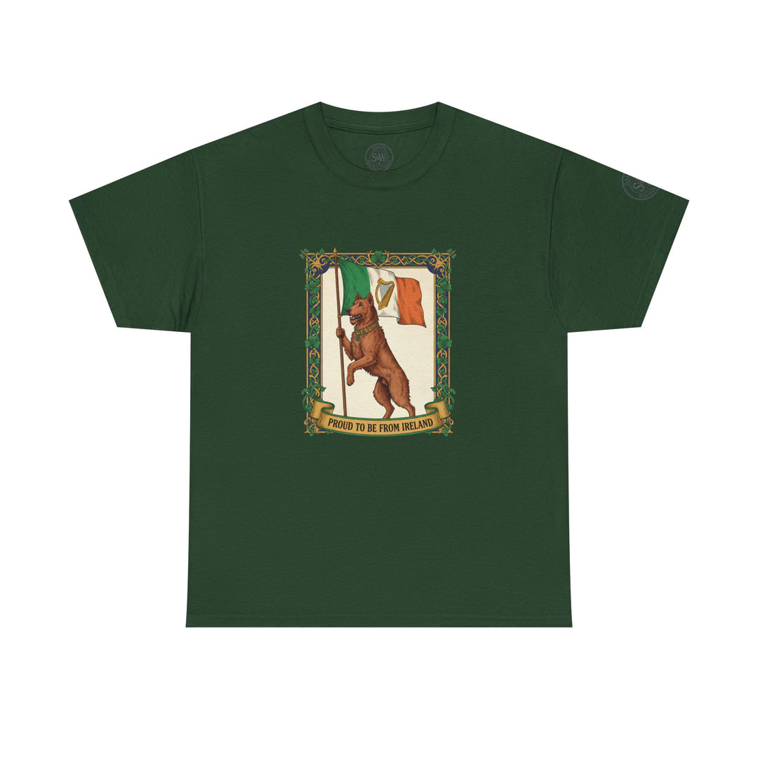 Green T-shirt by S&amp;W Gallus featuring a graphic of a dog holding an Irish flag with a banner that says, "Proud to be from Ireland".