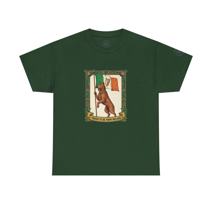 Green T-shirt by S&amp;W Gallus featuring a graphic of a dog holding an Irish flag with a banner that says, "Proud to be from Ireland".