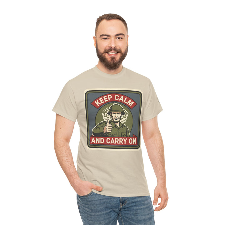 Sand-colored t-shirt with a vintage military graphic by S&amp;W Gallus, featuring a soldier and "Keep Calm" text.