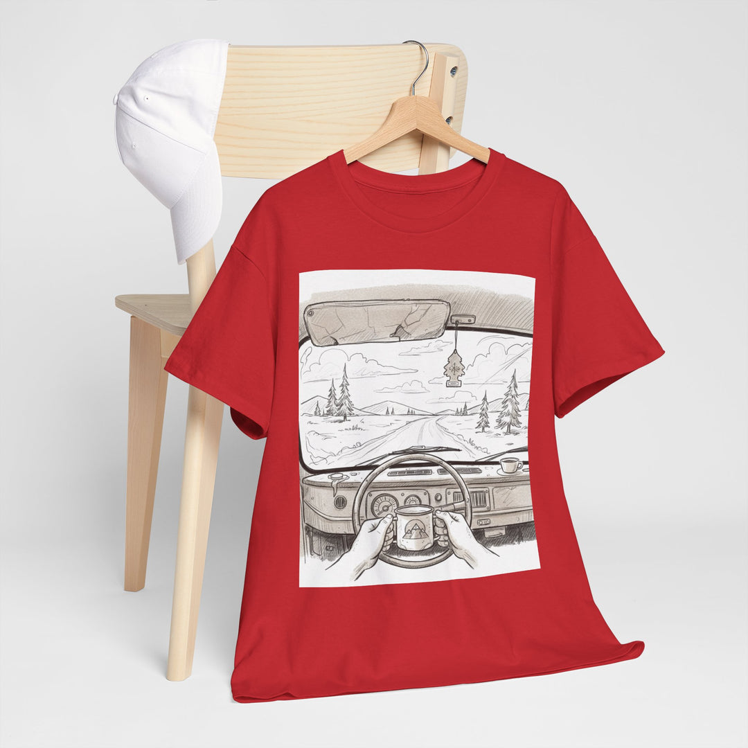 Scenic Drive Van Illustration Tee – soft cotton with a detailed van and landscape design. Perfect for road trips, outdoor adventures, and casual wear.