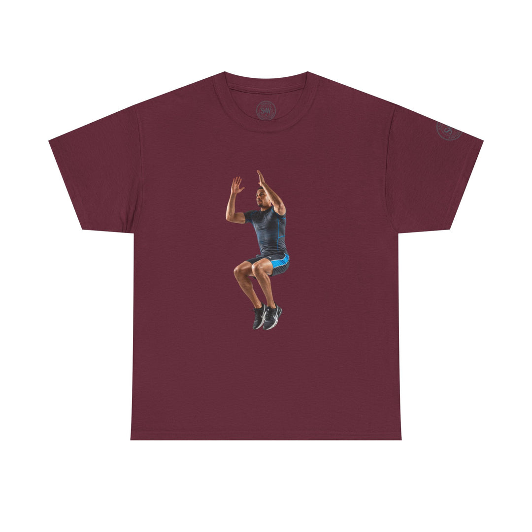 Maroon t-shirt by S&amp;W Gallus, featuring a man jumping in the middle of the shirt.