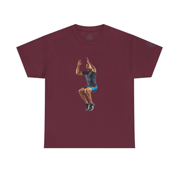 Maroon t-shirt by S&amp;W Gallus, featuring a man jumping in the middle of the shirt.