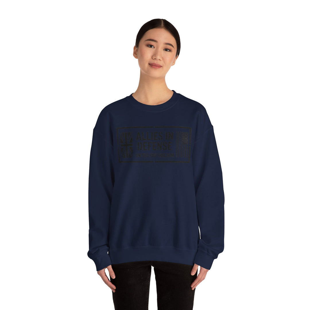 Navy crewneck sweatshirt with "Allies In Defense" graphic by S&amp;W Gallus, featuring flags and patriotic slogan.
