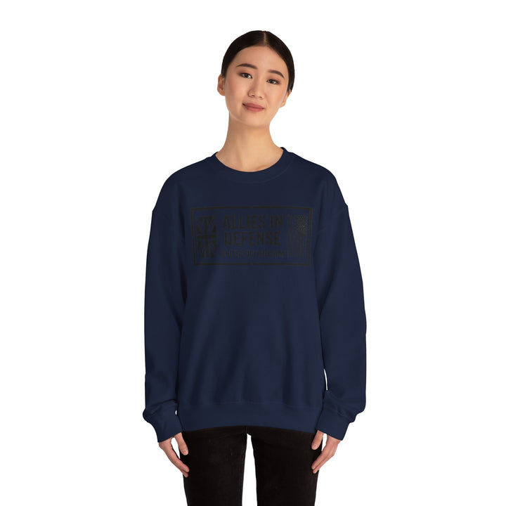 Navy crewneck sweatshirt with "Allies In Defense" graphic by S&amp;W Gallus, featuring flags and patriotic slogan.