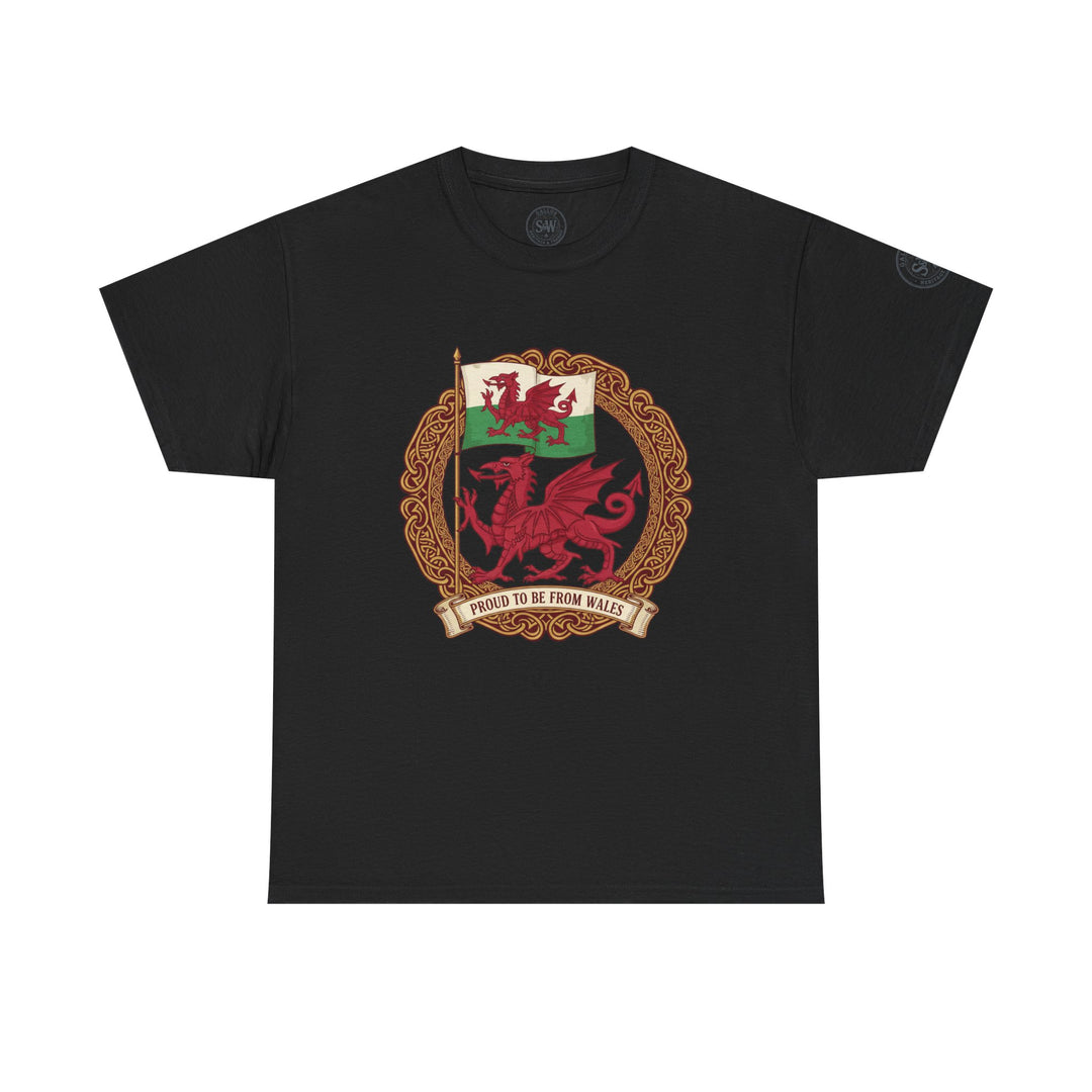 Black t-shirt by S&amp;W Gallus, featuring a Welsh dragon crest graphic and "Proud To Be From Wales" text.