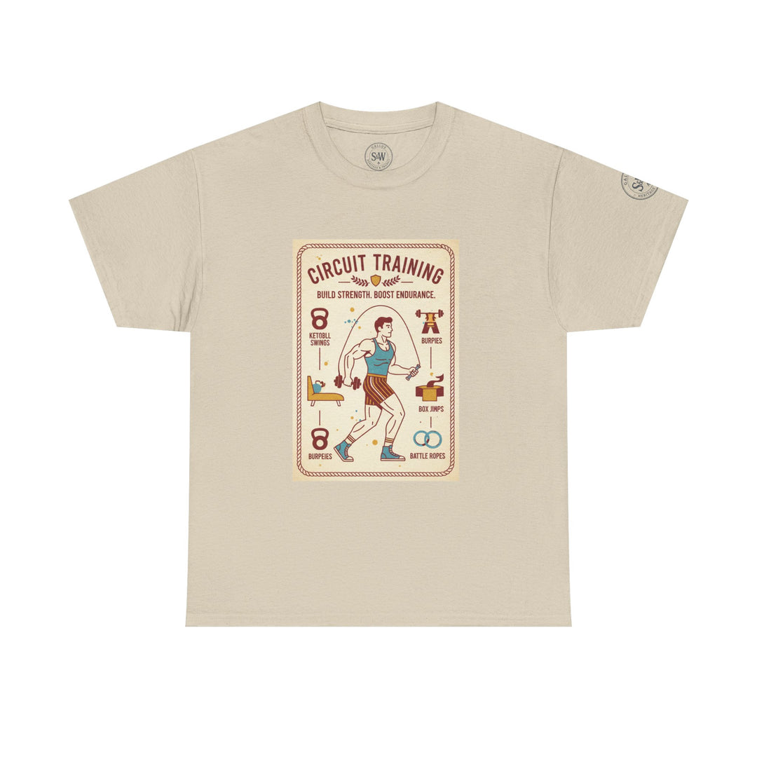 Beige graphic t-shirt by S&amp;W Gallus, featuring a circuit training illustration on the front.