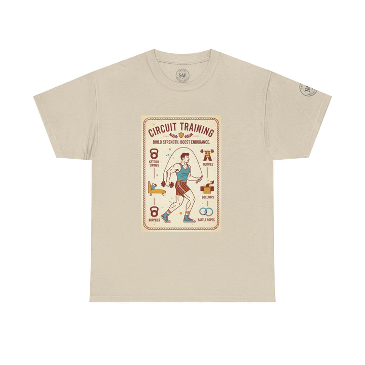 Beige graphic t-shirt by S&amp;W Gallus, featuring a circuit training illustration on the front.