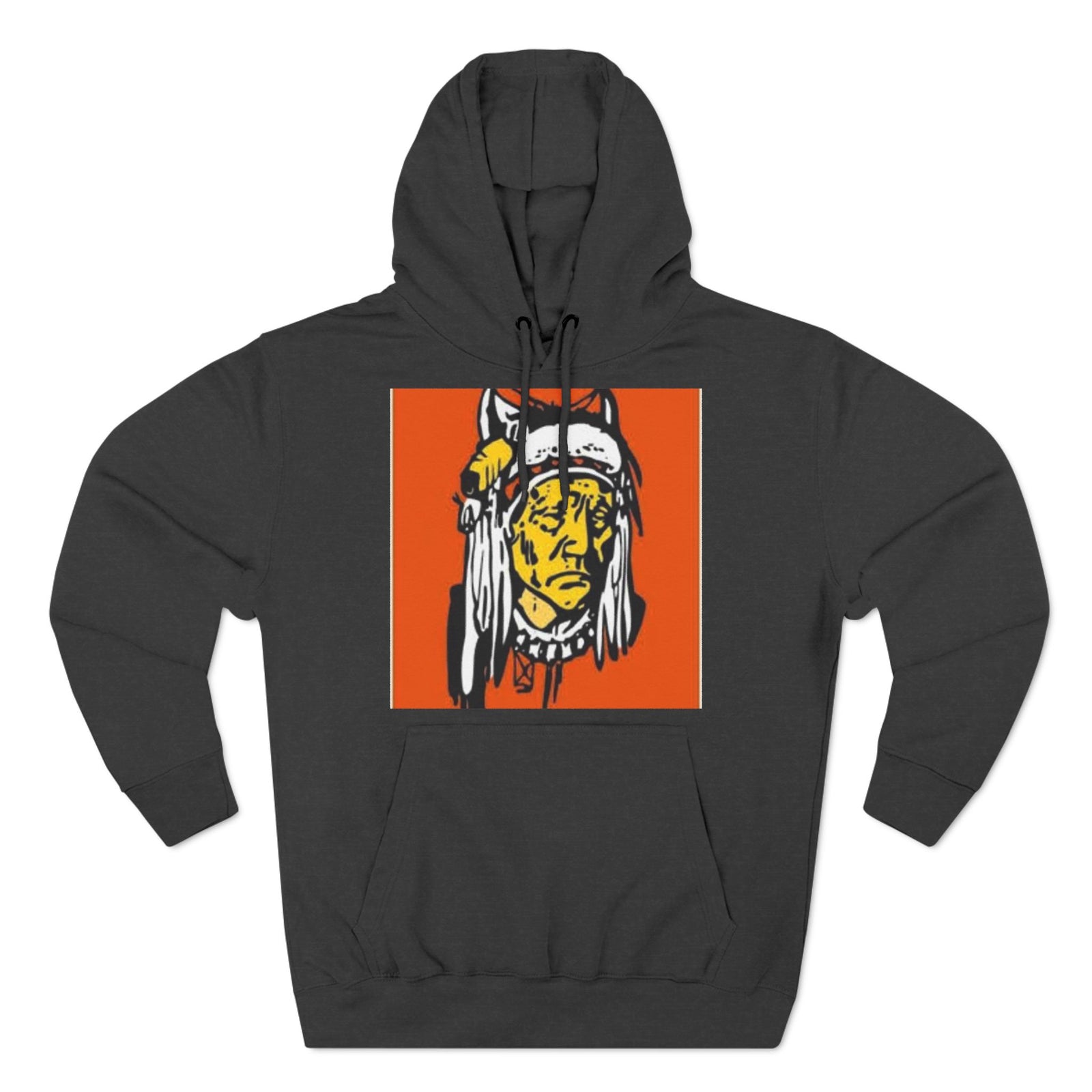 Heather black hoodie by S&W Gallus with a Native American graphic, featuring a front pocket and drawstring hood.