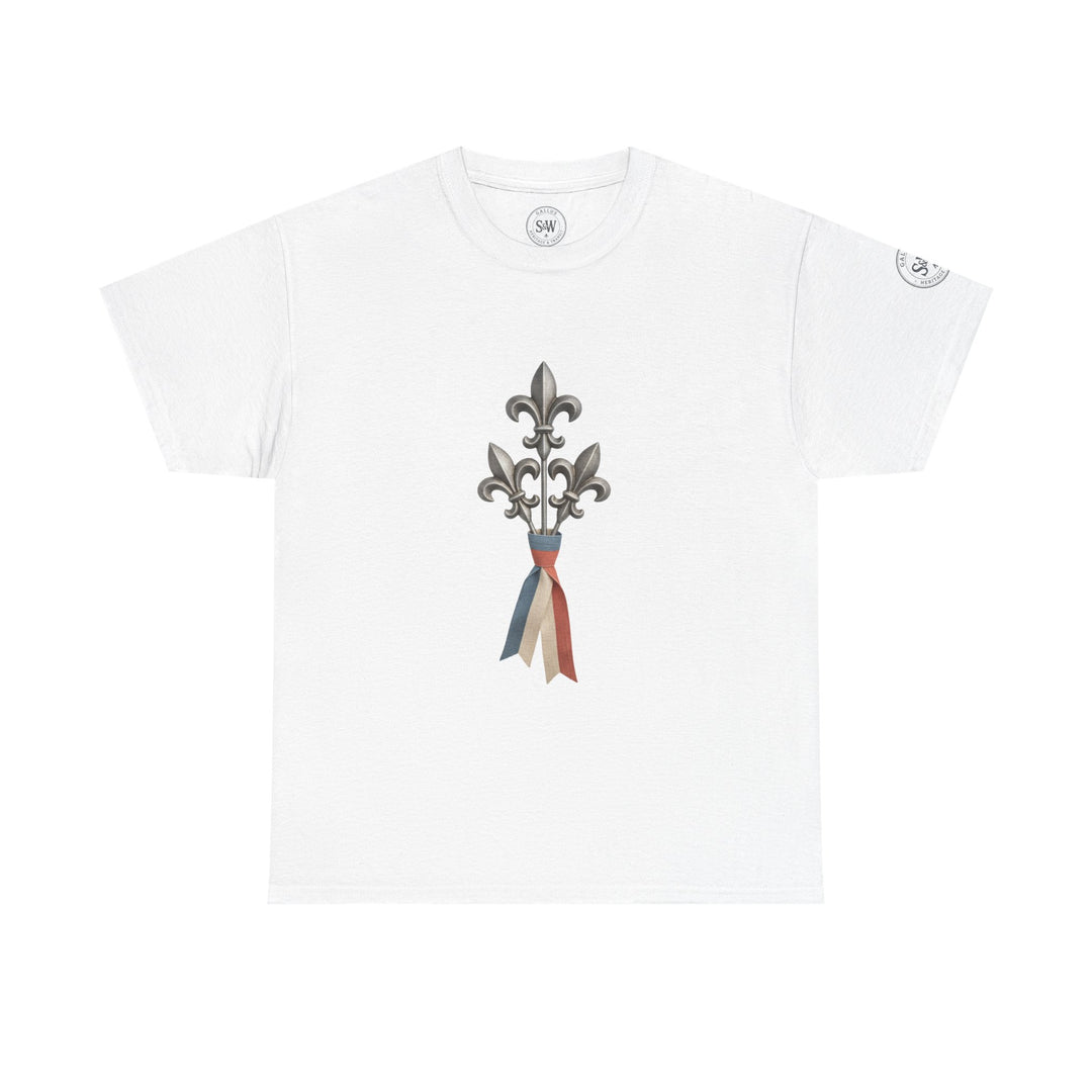 White t-shirt by S&amp;W Gallus featuring a fleur-de-lis emblem with a tricolor ribbon.