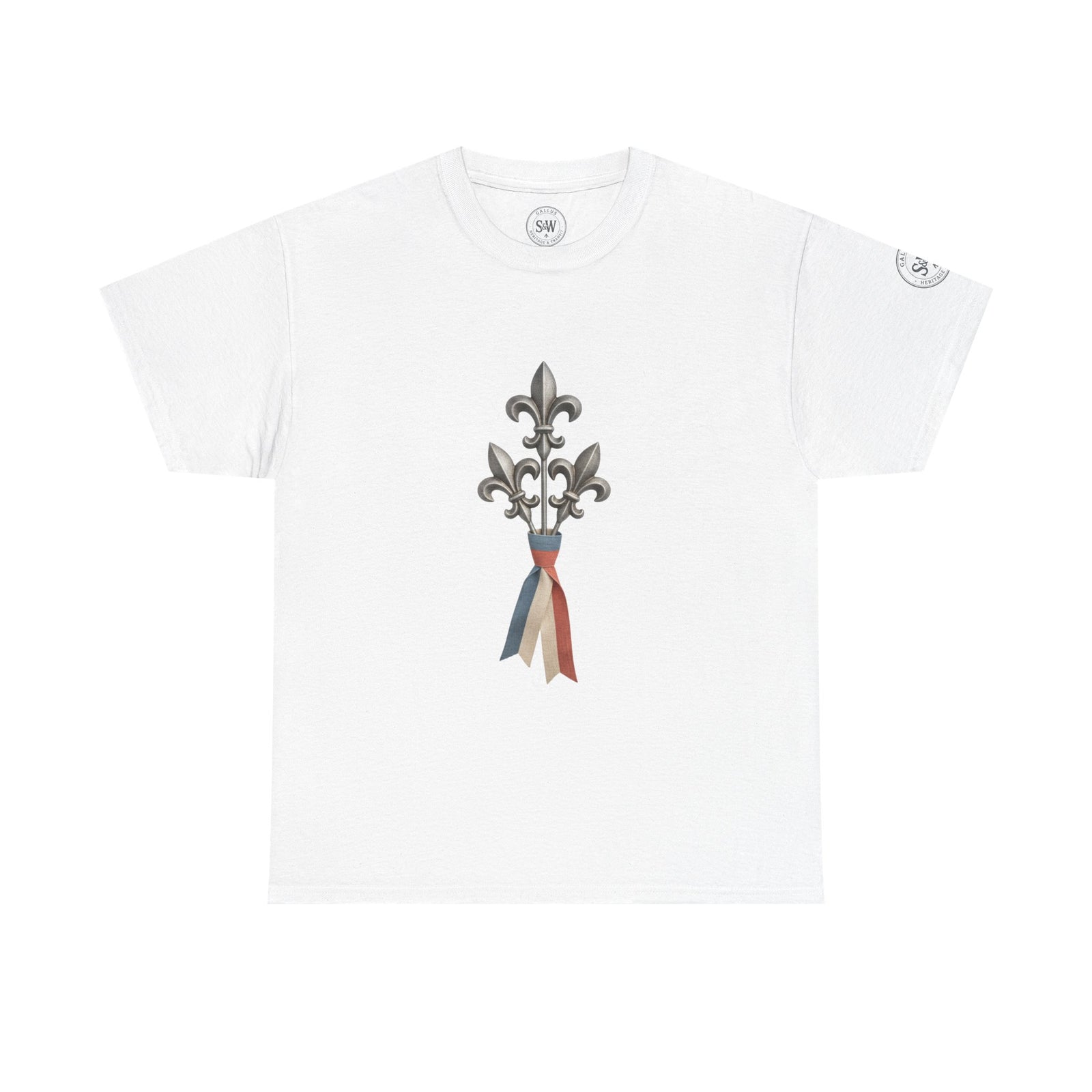 White t-shirt by S&W Gallus featuring a fleur-de-lis emblem with a tricolor ribbon.