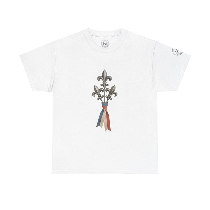 White t-shirt by S&amp;W Gallus featuring a fleur-de-lis emblem with a tricolor ribbon.