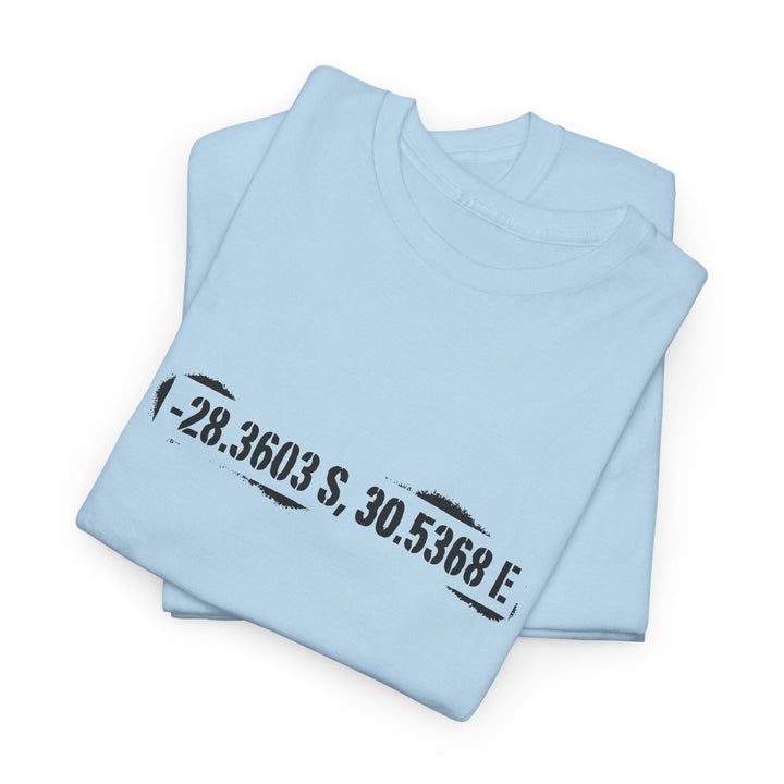 Rorke’s Drift T-Shirt featuring historic battle coordinates. Honor the 1879 Anglo-Zulu War with precise latitude &amp; longitude design.