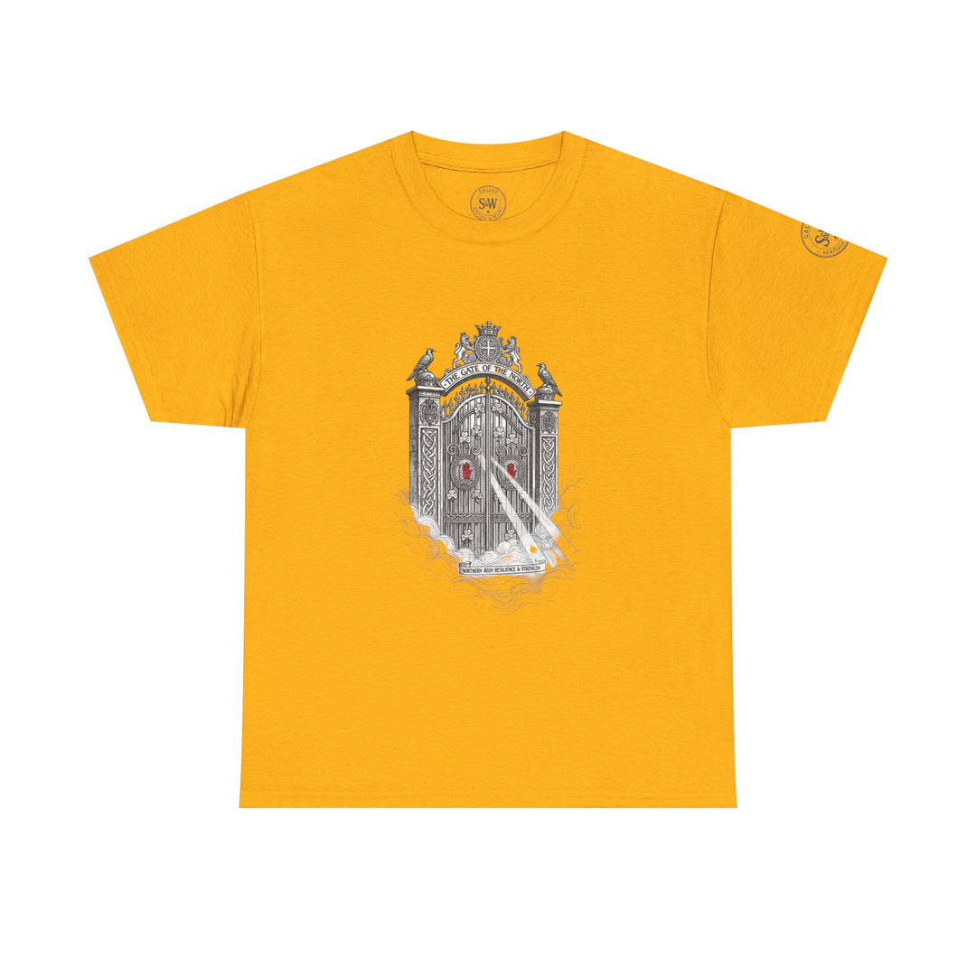 Mustard graphic tee by S&amp;W Gallus featuring "The Gate of The North" illustration, with a round neck and short sleeves.
