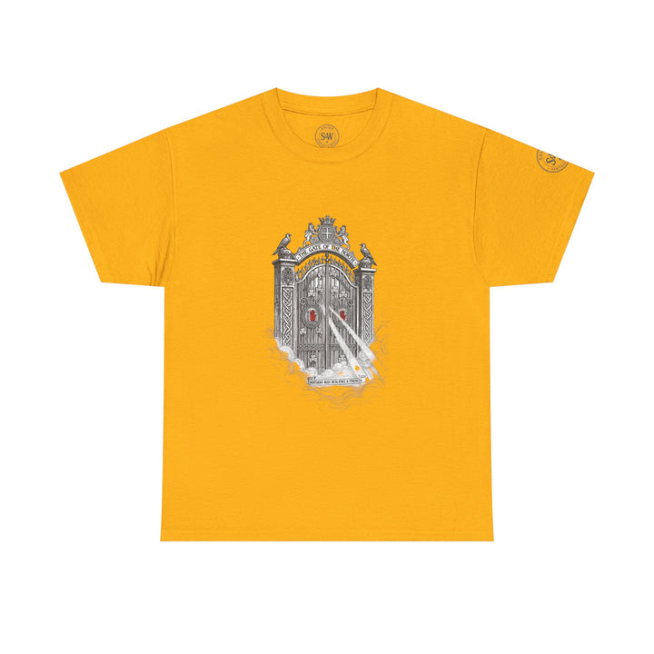 Mustard graphic tee by S&amp;W Gallus featuring "The Gate of The North" illustration, with a round neck and short sleeves.