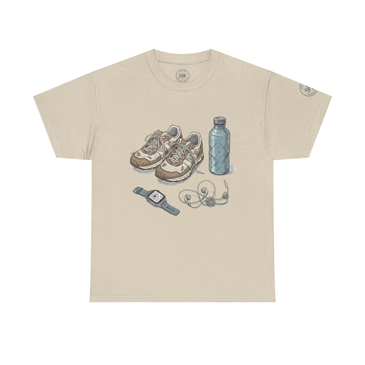 Beige t-shirt by S&amp;W Gallus with a running gear graphic, including running shoes, a water bottle, a watch, and earphones.