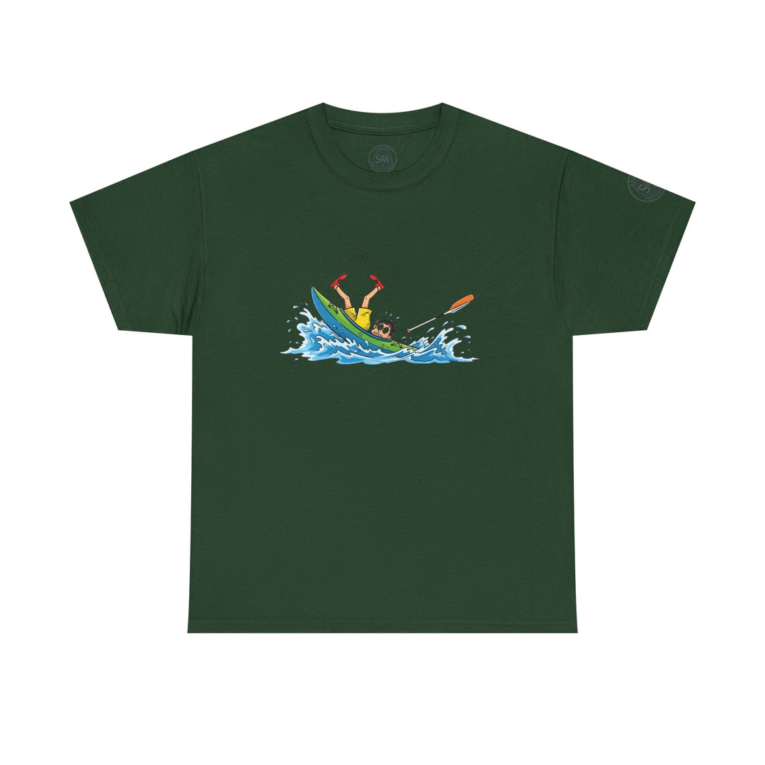 Dark green t-shirt by S&amp;W Gallus featuring a cartoon graphic of a kayaker upside down in the water.