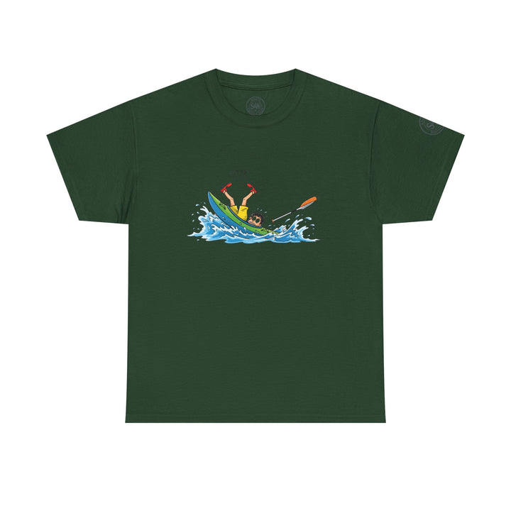 Dark green t-shirt by S&amp;W Gallus featuring a cartoon graphic of a kayaker upside down in the water.
